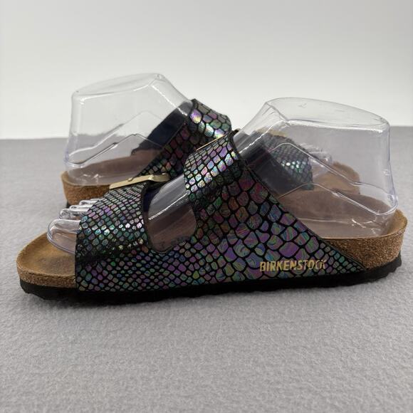 Birkenstock Arizona Sandals 37 US 6-6.5 Iridescent Snake Scale Black Two Strap - Picture 12 of 15